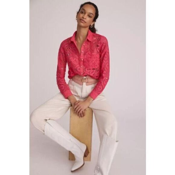 Anthropologie Tops - Maeve By Anthropologie Women’s Pink Open Lace Slim Button Down Blouse Top Size 4